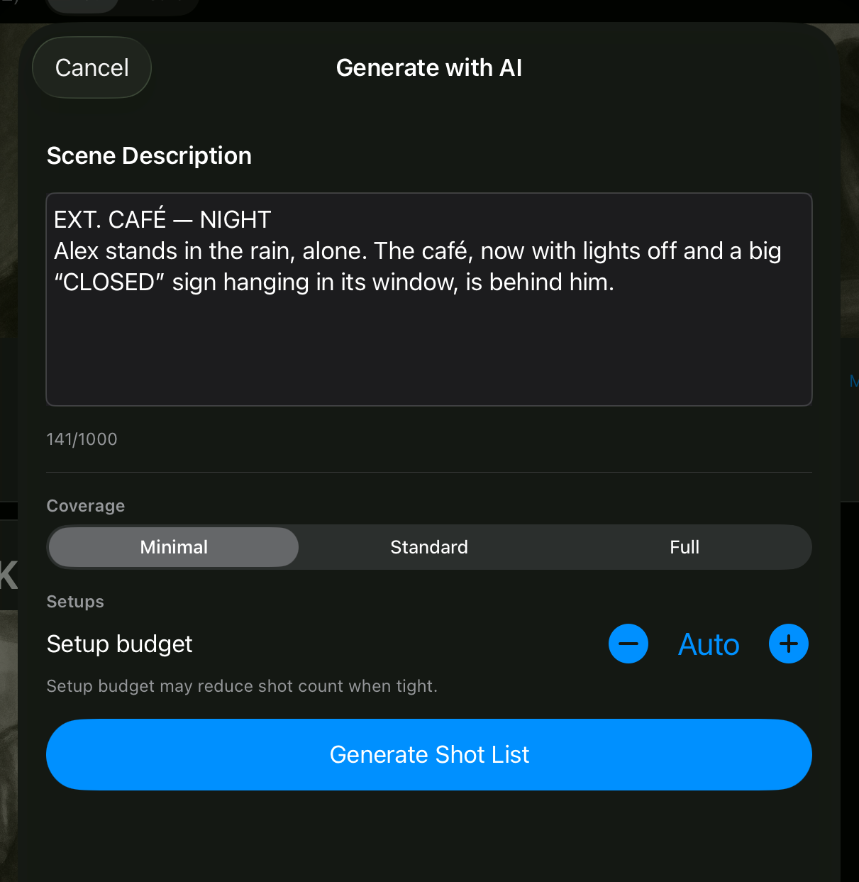 FramePath AI generation panel on iPad — coverage density selector (Minimal, Standard, Full) and setup budget stepper above the Generate button.