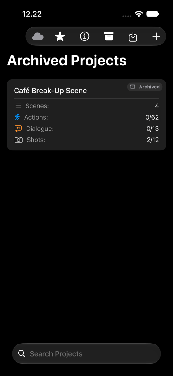 FramePath's Archived Projects screen on iPhone with an archived project card marked with an Archived badge.