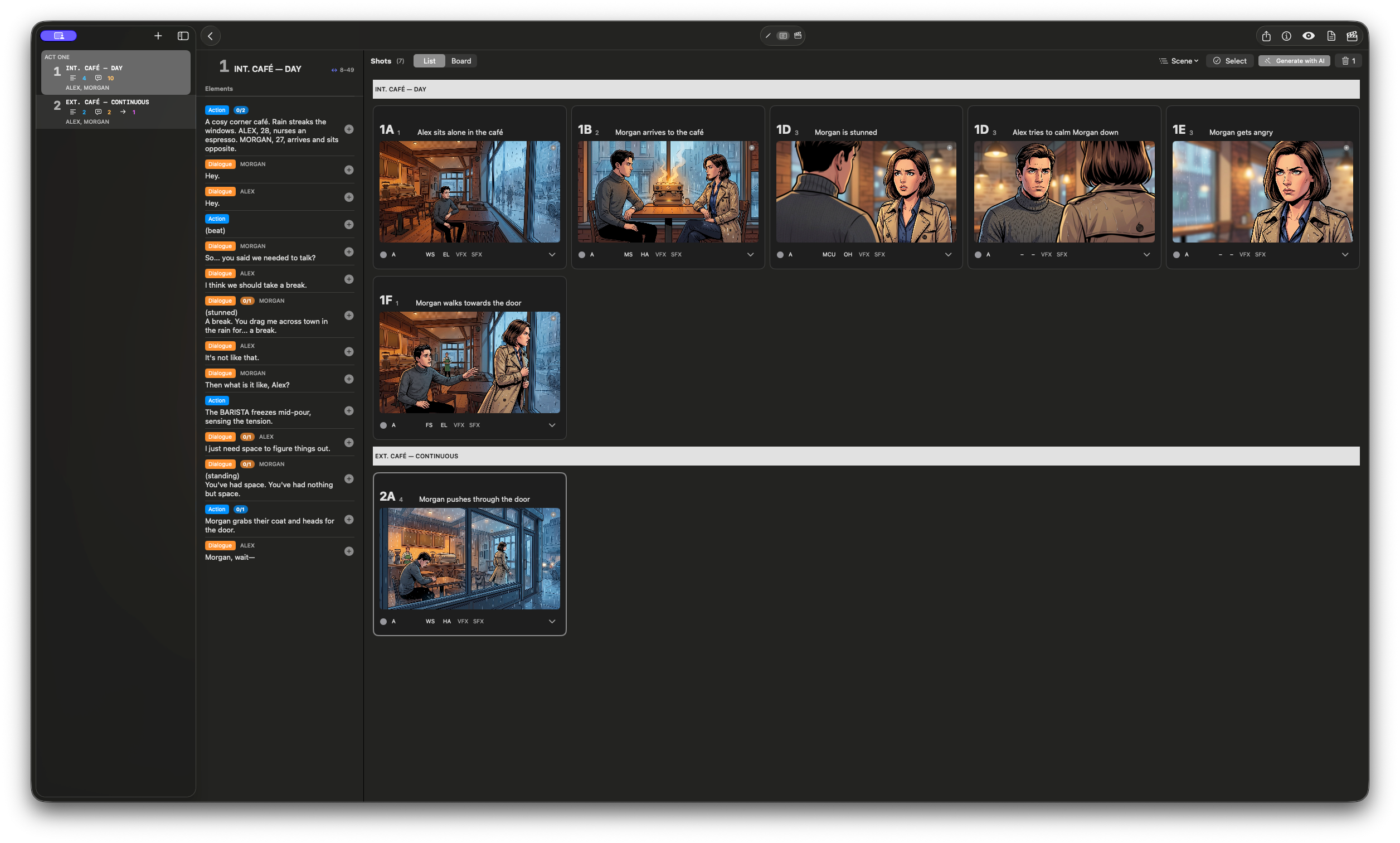 FramePath's hero view on Mac — screenplay on the left, scene navigator in the middle, shot list on the right.