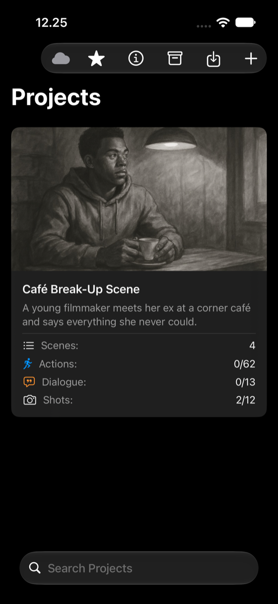FramePath's Projects screen on iPhone: a project card with a charcoal-sketch thumbnail, a one-sentence logline and counts for scenes, actions, dialogue and shots, above a search field.
