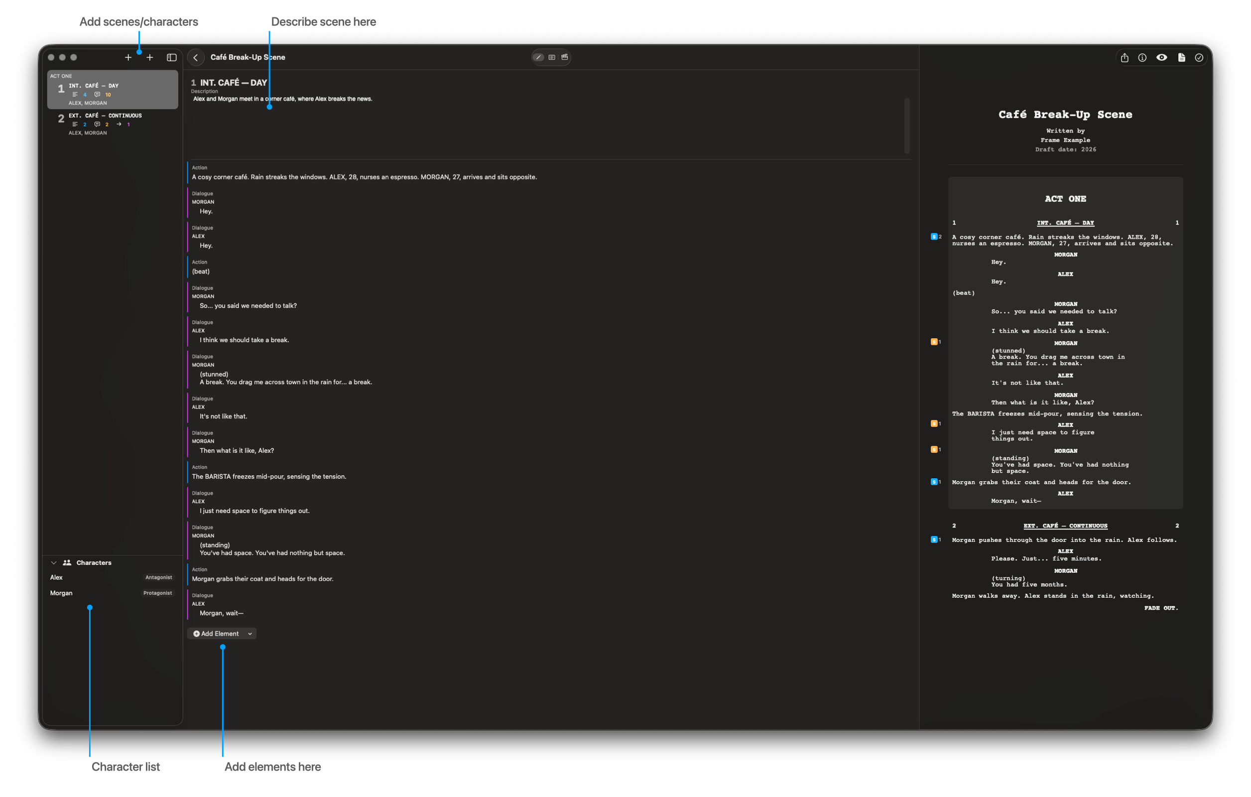 Scene Editor on Mac — a Fountain-formatted scene open for editing in the Write stage.